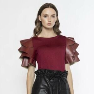 Gracia Burgundy Ruffle Sleeve Top Faux Leather Detail NWT